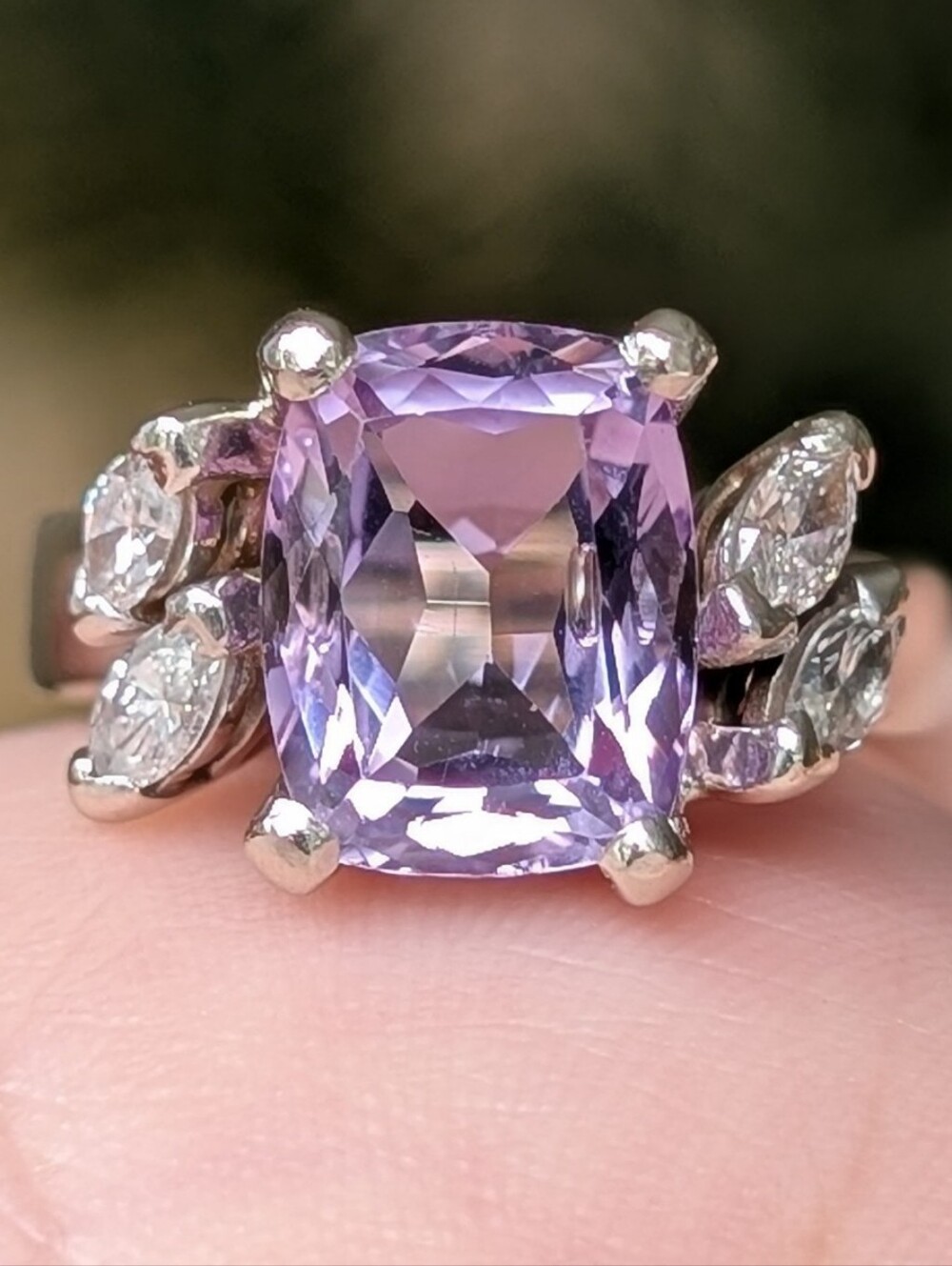 18K White Gold Cushion Cut Amethyst And 0.8 tcw Marquis Cut Diamond Ring